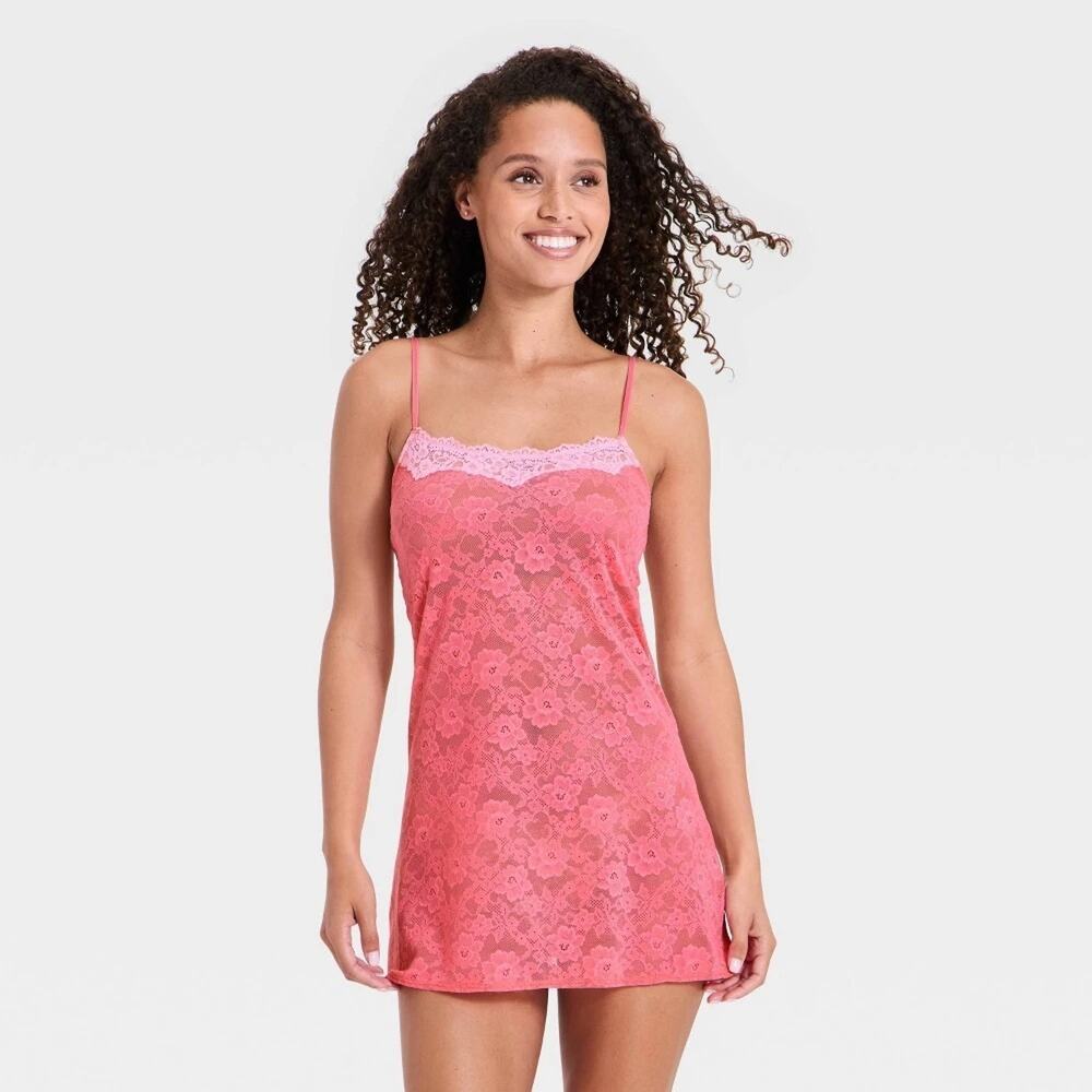 Wild Fable Women’s Lace Slip Dress Pink Sheer Adjustable Strap Mini Medium
